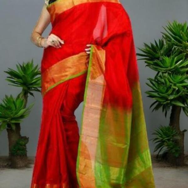 Uppada Silk Body Red Uppada Pallu Contrast Uppada Green Blouse