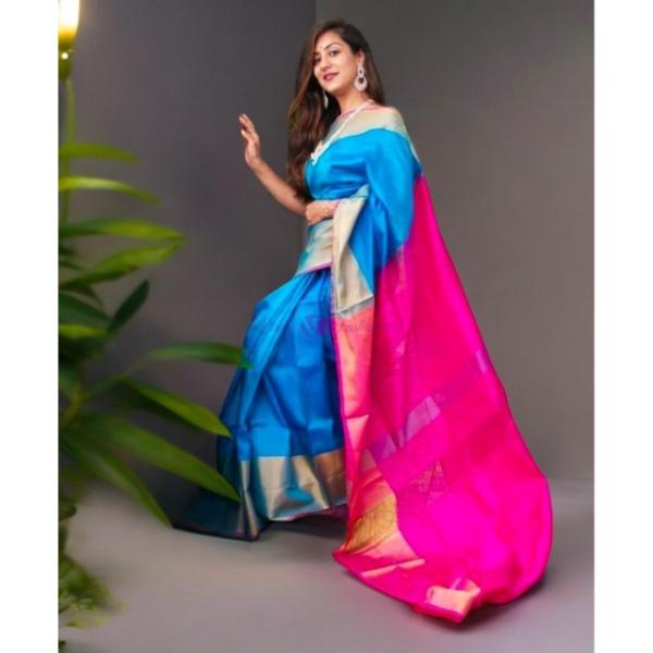 Uppada Silk Body Ananda Blue Uppada Pallu Contrast Uppada Pink Blouse