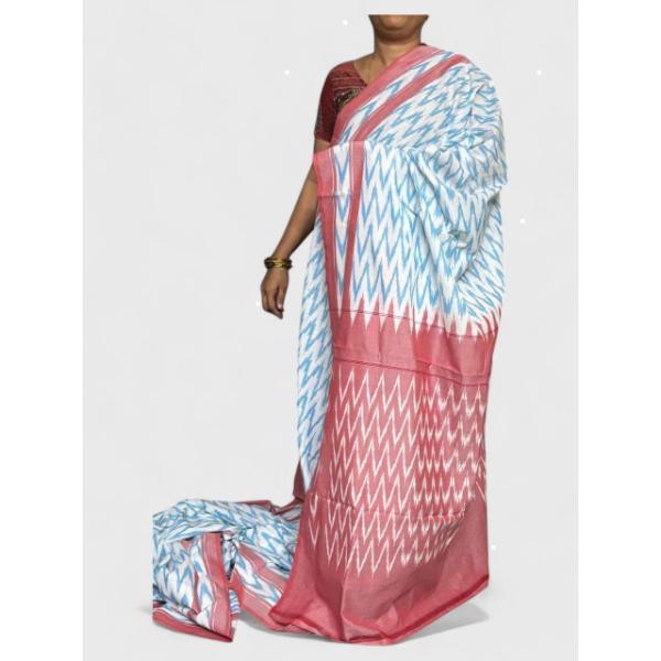 Pochampally Ikat Cotton White Red Saree