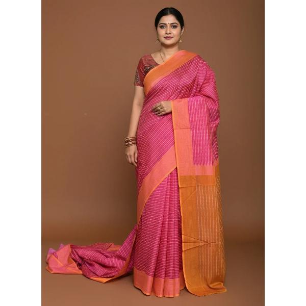 Pochampally Ikat Cotton Pink Brown Saree