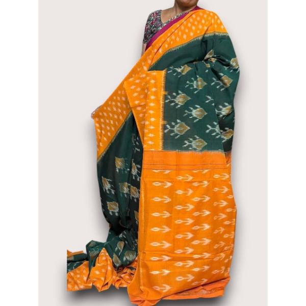 Pochampally Ikat Cotton Green Yellow Saree