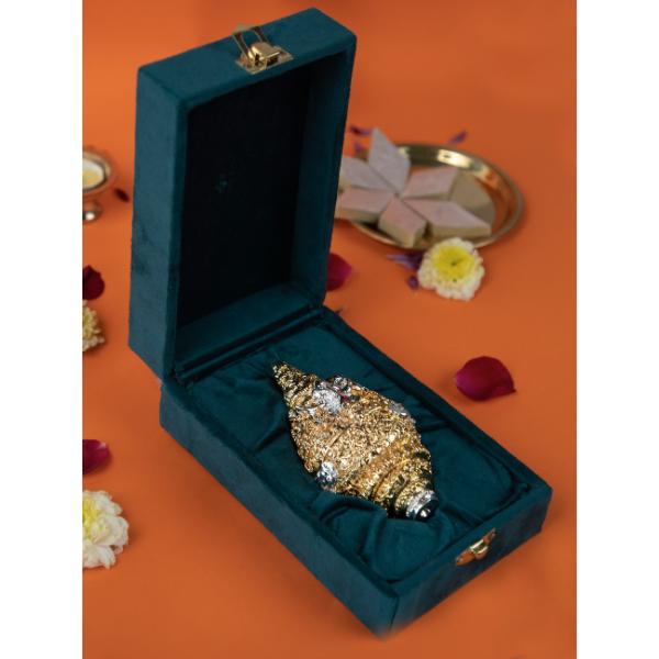 Golden Shankh with Velvet Box  Auspicious Conch Shell for Pooja Vastu  Diwali Gifting