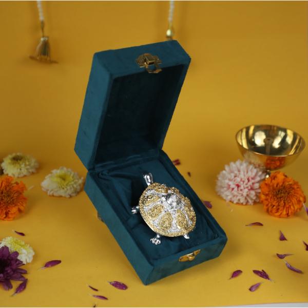 Vastu Turtle with Silver  Gold Plating  Decorative Showpiece with Velvet Box for Home  Office