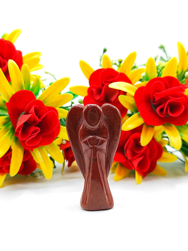 Red Jasper Carved Yellow Jade Gemstone Peace Angel Pocket Guardian Angel healing Statue 2 Inch
