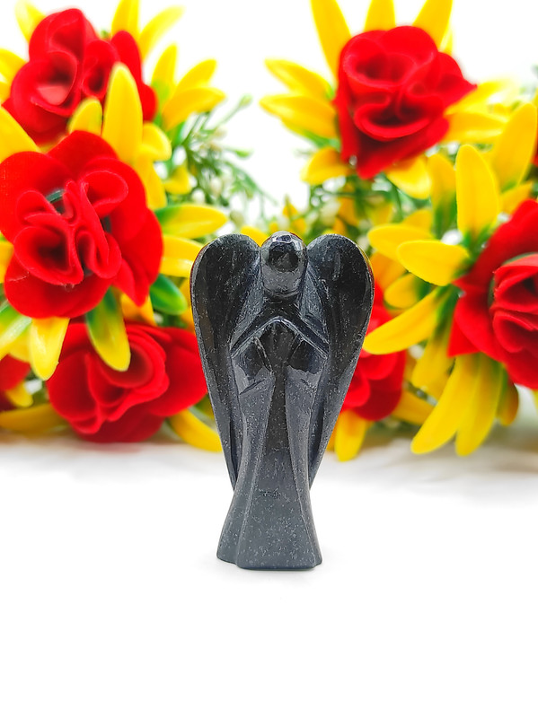 Black Tourmaline Carved Yellow Jade Gemstone Peace Angel Pocket Guardian Angel healing Statue 2 Inch