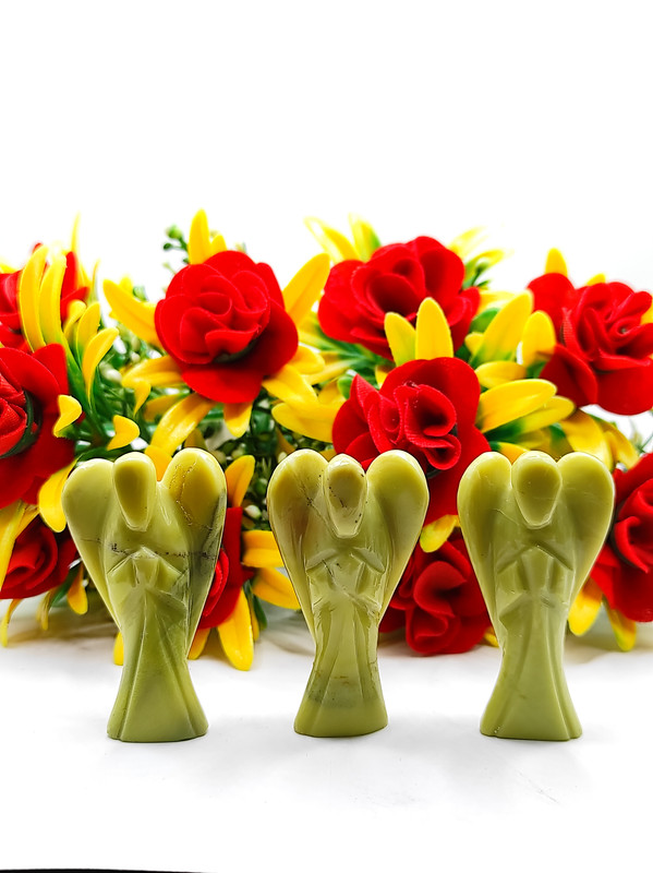 Serpentine Carved Yellow Jade Gemstone Peace Angel Pocket Guardian Angel healing Statue 2 Inch