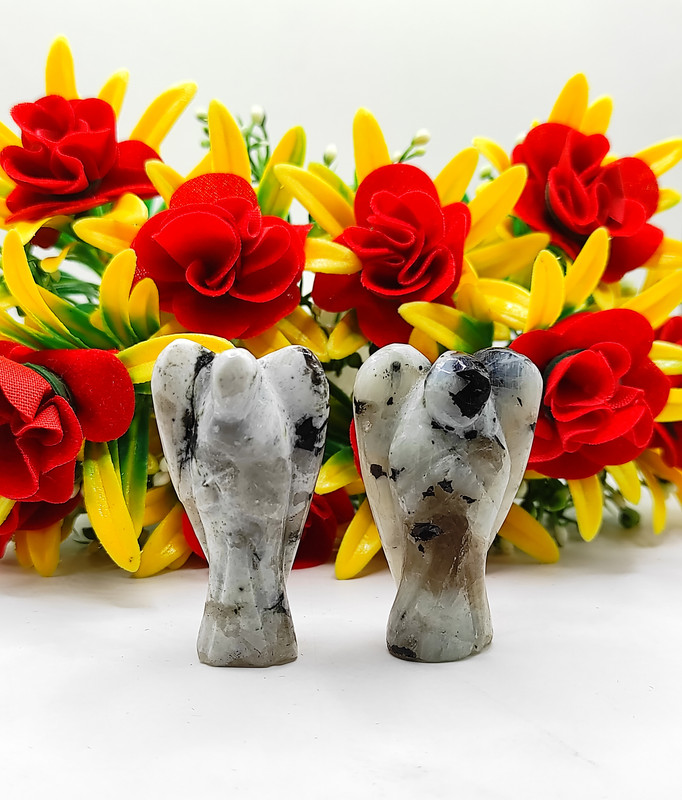 Rainbow Moonstone Carved Yellow Jade Gemstone Peace Angel Pocket Guardian Angel healing Statue 2 Inch