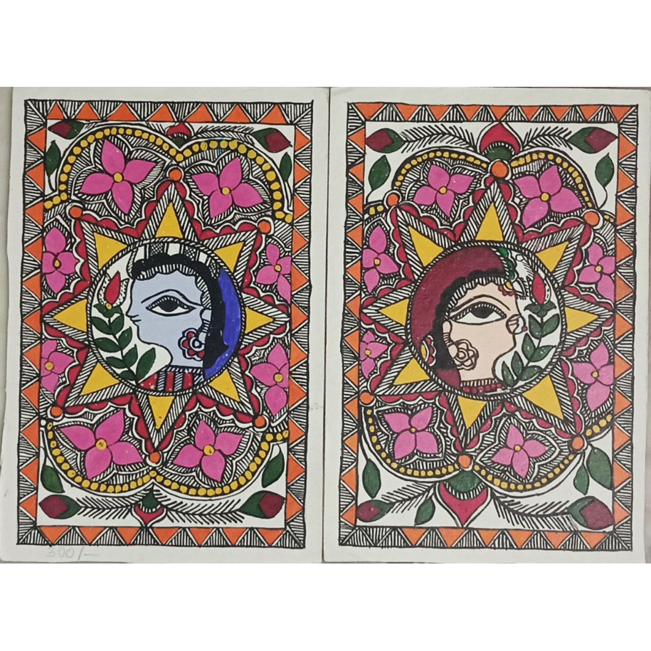 Paired Traditional RadhaKrishna Art Madhubani painting  ArtozOn