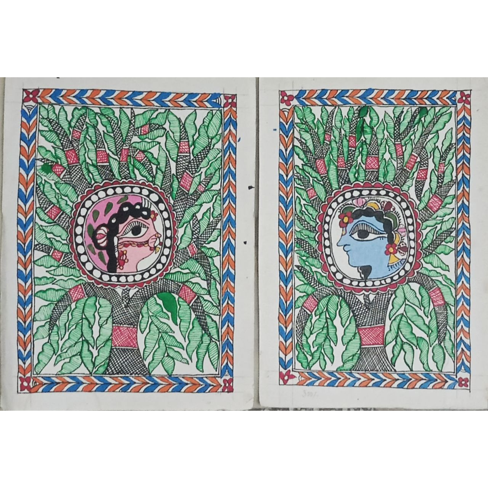 Paired Traditional RadhaKrishna Art Madhubani painting  ArtozOn