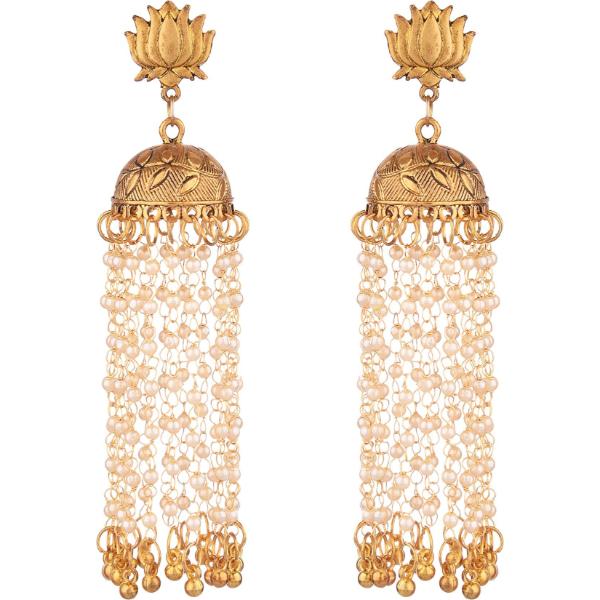 Prizetaa Golden And White Pearl Lotus With Long strand Traditional Dangler Alloy Jhumki Earring