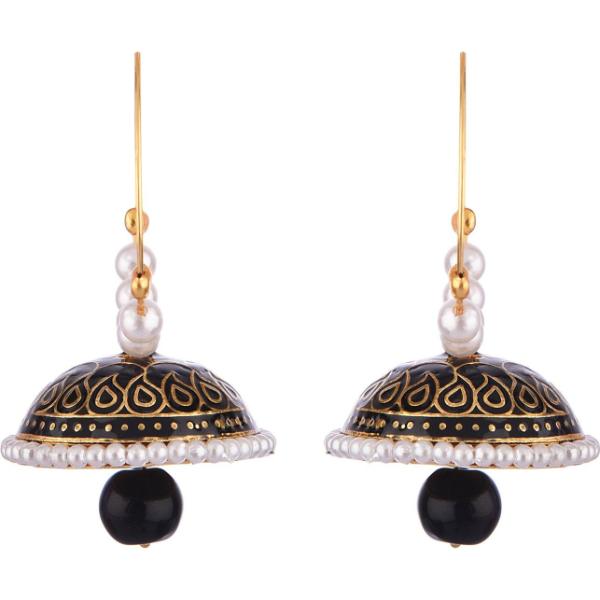 Prizetaa Black Meenakari With Pearl Drop Hoop Alloy Hoop Earring 