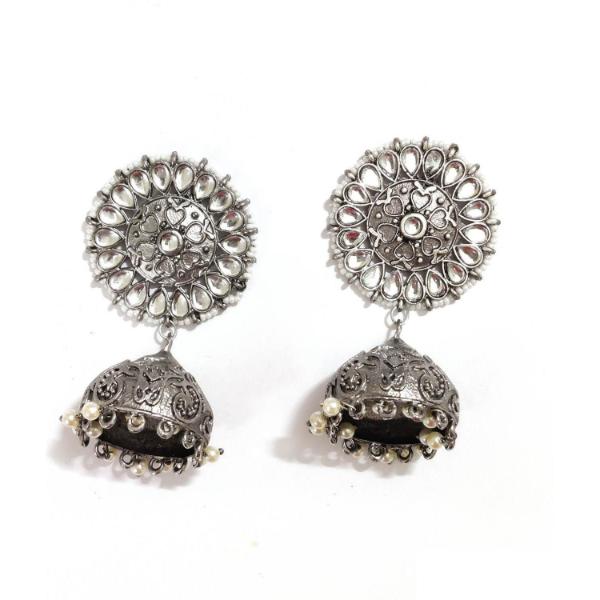 Prizetaa Round White Pearl Floral Jumki Earrings German Silver Jhumki Earring 
