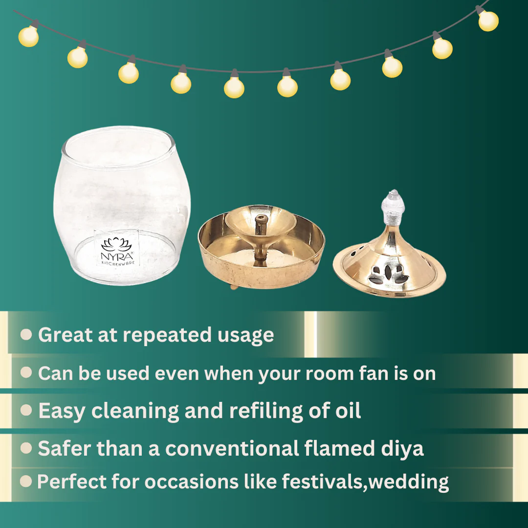 Brass Traditional Diya Stand with Clear Fiber glass Cove borosilicate Glass