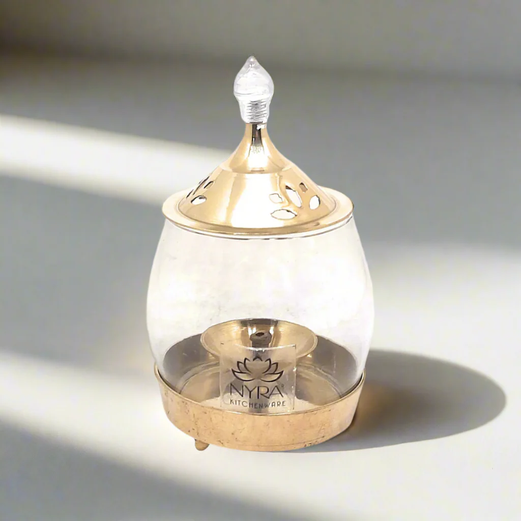 Brass Traditional Diya Stand with Clear Fiber glass Cove borosilicate Glass