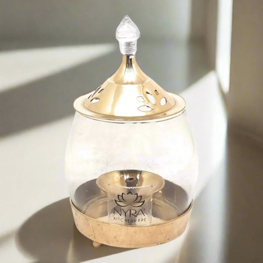 Brass Traditional Diya Stand with Clear Fiber glass Cove borosilicate Glass