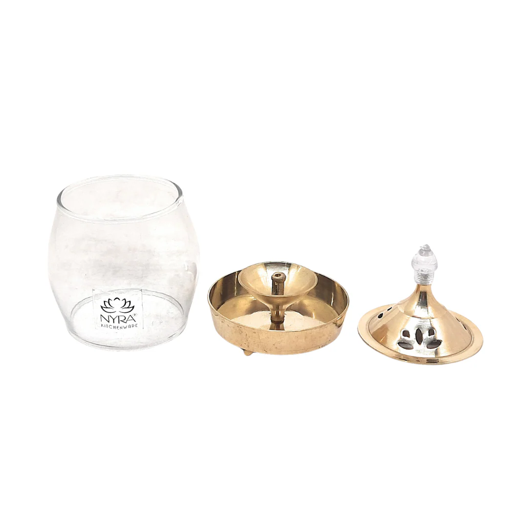 Brass Traditional Diya Stand with Clear Fiber glass Cove borosilicate Glass