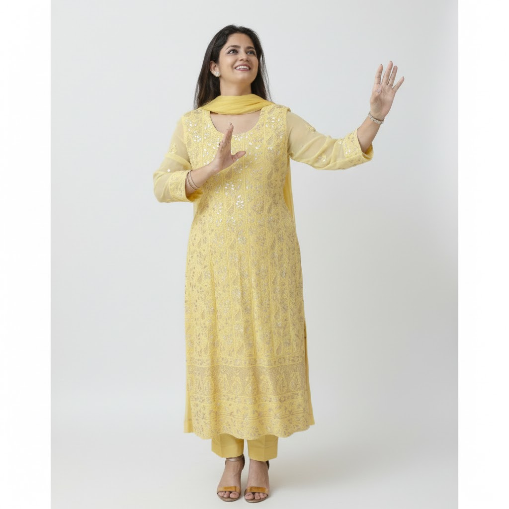 Yellow Chikan Gota Patti Viscose Georgette Suit Set