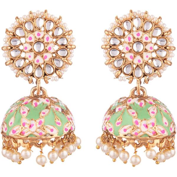 Prizetaa Green Meenakari With Pearl Jhumki Alloy Jhumki Earring 