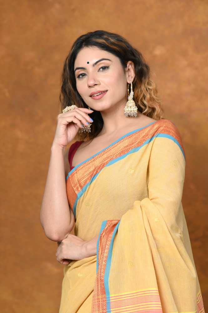 Beige Pure Cotton Paithani Saree with Traditional Pallu