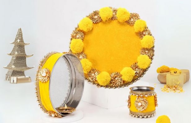 Pompom And Gota Work Puja Thali Set For Karwa Chauth