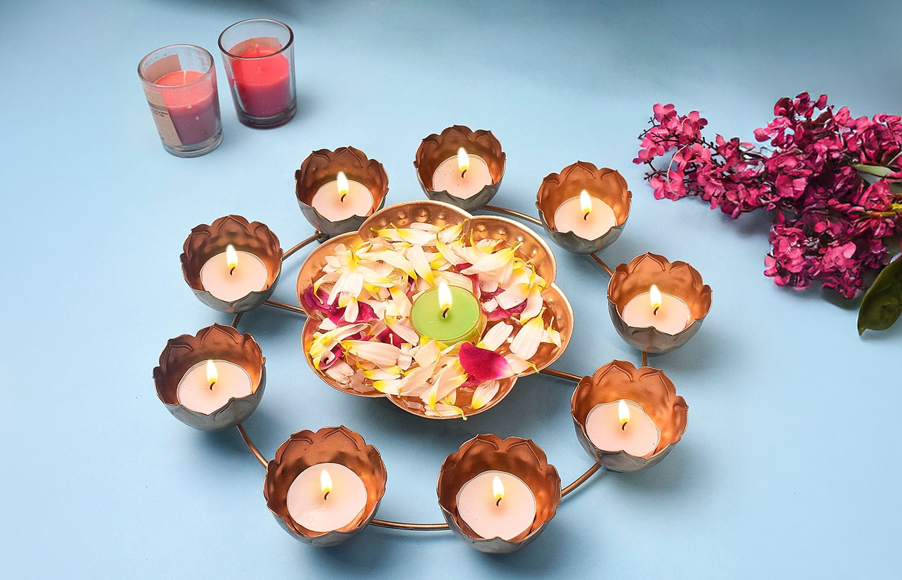 Seher Decorative Metal Lotus Shape Urli With Candle Holder