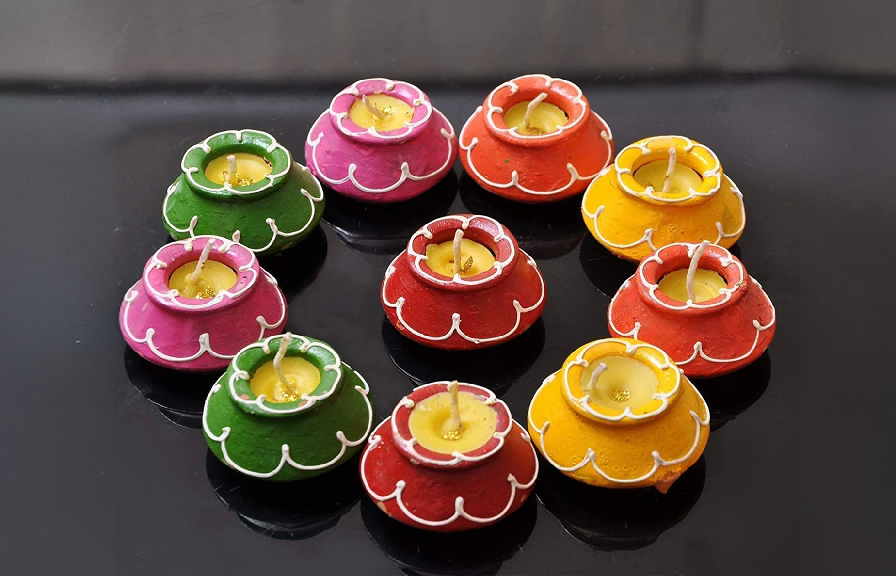Clay Matki Diya 10 Pc Set Wax Filled