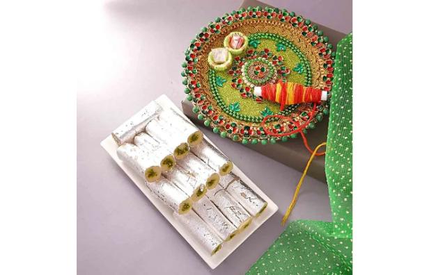 Bhai Dooj Designer Pooja Thali With Pista Roll And Teeka